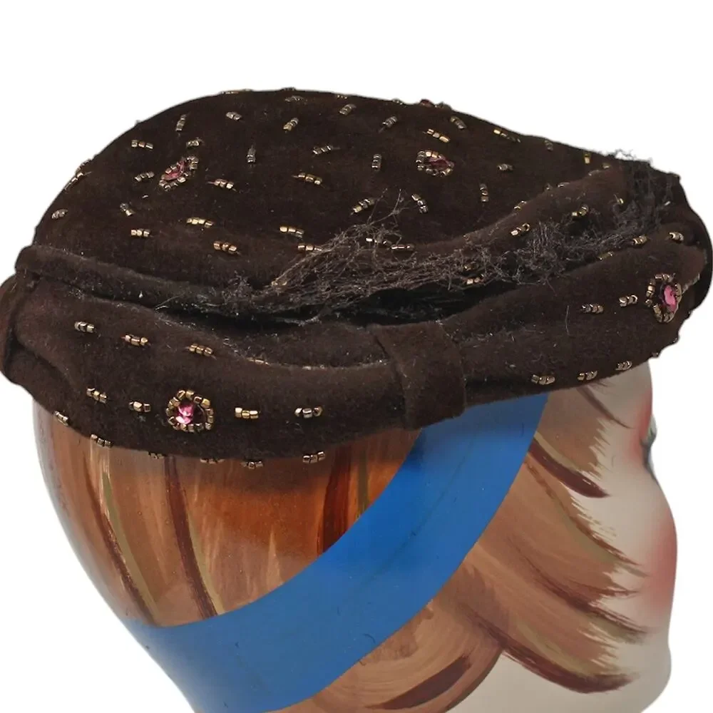 Vintage 40s 50s Brown Felt Hat w Beads Sequins Doyle-Knower Co Utica NY- Hey Viv - Picture 4 of 9